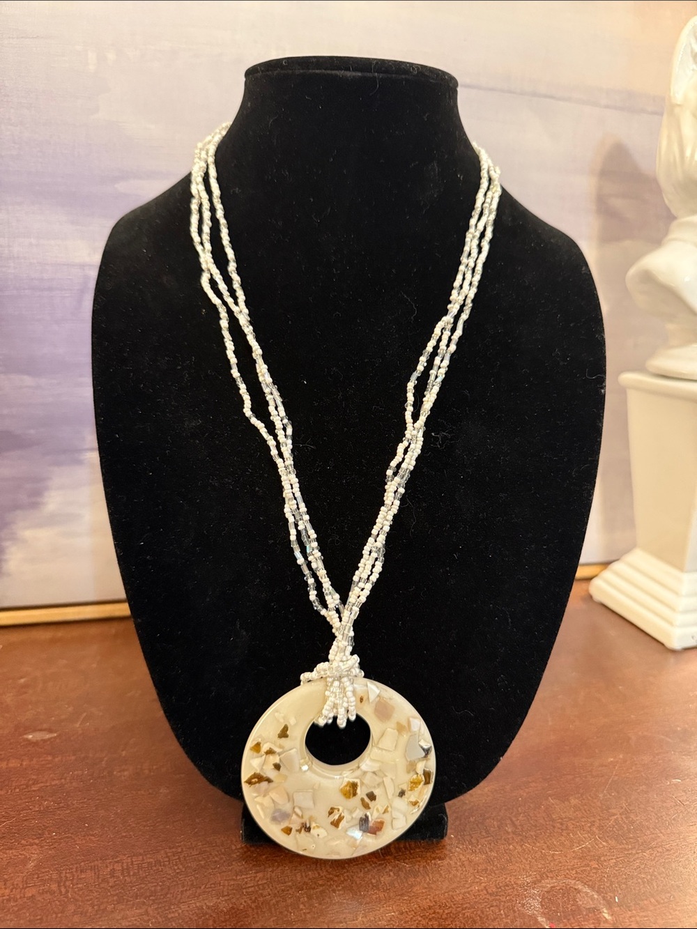White and Gold Mosaic Resin Donut Pendant Necklace - Women Jewelry